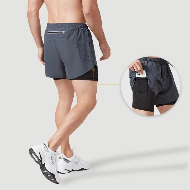 Shorts de corrida masculino, secagem rápida, fitness, preto, camada dupla, novo esporte, treino, musculação, calças curtas
