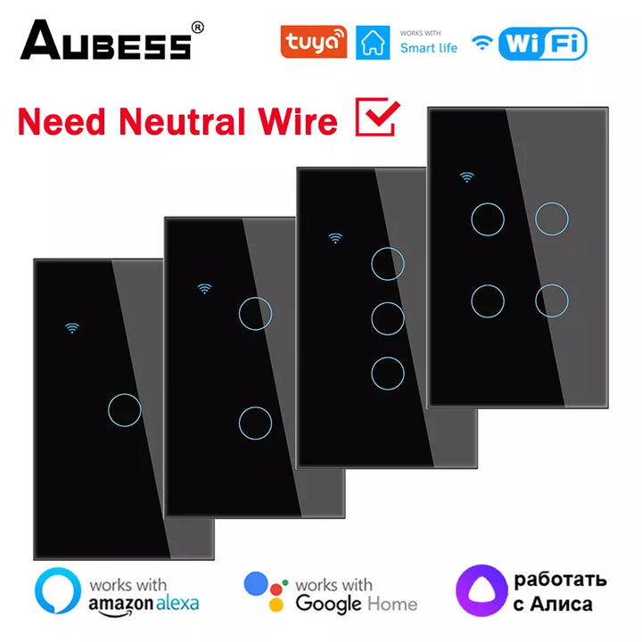 Aubess wifi eua interruptor inteligente precisa de fio neutro 1/2/3/4 gang interruptor de luz tuya vida inteligente controle app suporte alexa google casa