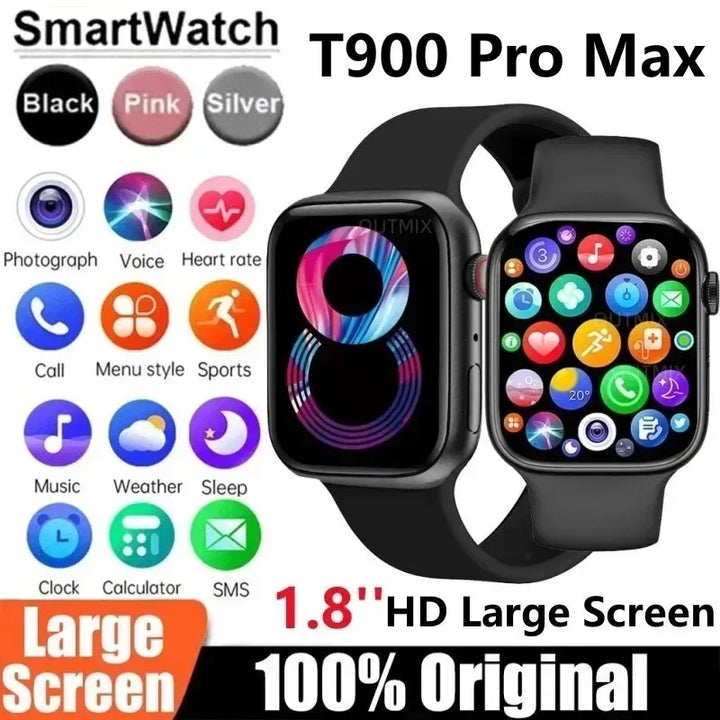 2023 Novo relógio inteligente T900 Pro Max Series8 Smartwatch 1.8 polegadas Bluetooth Chamada Frequência Cardíaca Women Men Series 8 Smartwatch PK X8 Max