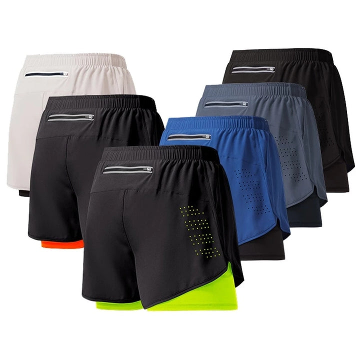 Shorts de corrida masculino, secagem rápida, fitness, preto, camada dupla, novo esporte, treino, musculação, calças curtas